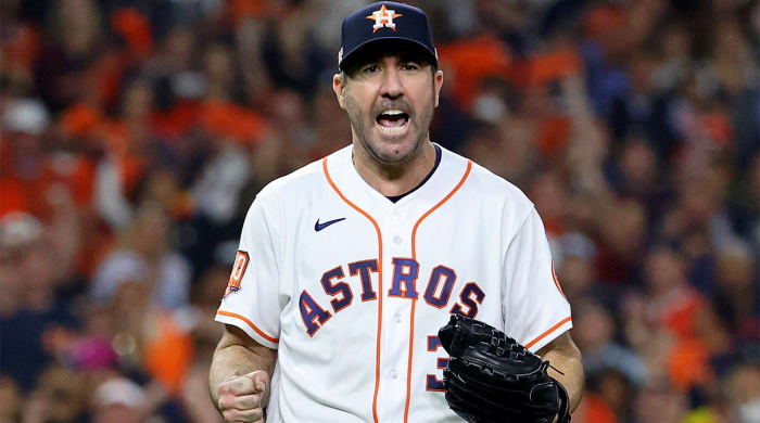 Oct 19, 2022; Houston, Texas, USA; Houston Astros starting pitcher Justin Verlander (35) reacts after striking out Houston Astros second baseman Jose Altuve (not pictured) to end the sixth inning in game one of the ALCS for the 2022 MLB Playoffs at Minute Maid Park.